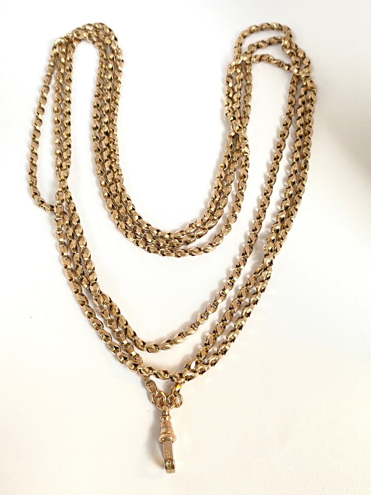 62 inch, Antique, 9ct Gold Victorian Long Guard Chain with Dog Clip 28.85g