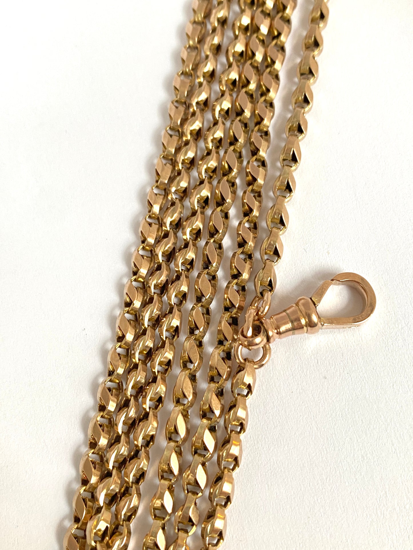 62 inch, Antique, 9ct Gold Victorian Long Guard Chain with Dog Clip 28.85g