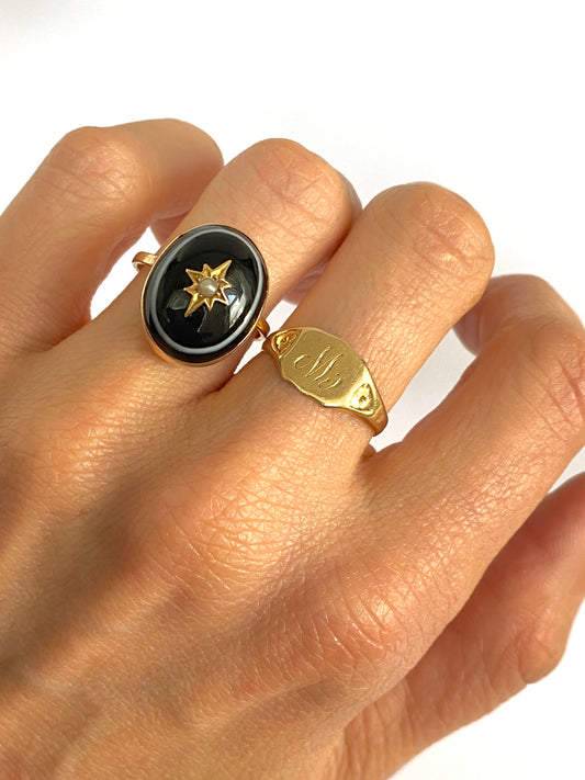 Antique, 9ct Gold, Bullseye Agate Ring with Pearl and Locket