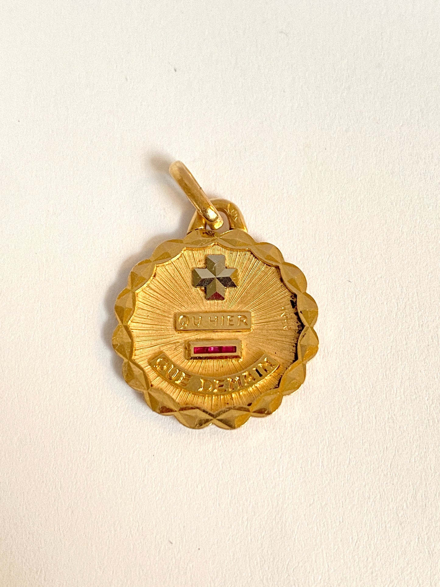 Vintage, 18ct Gold, Ruby French Augis Love Pendant, 'Qu'hier - Que demain'