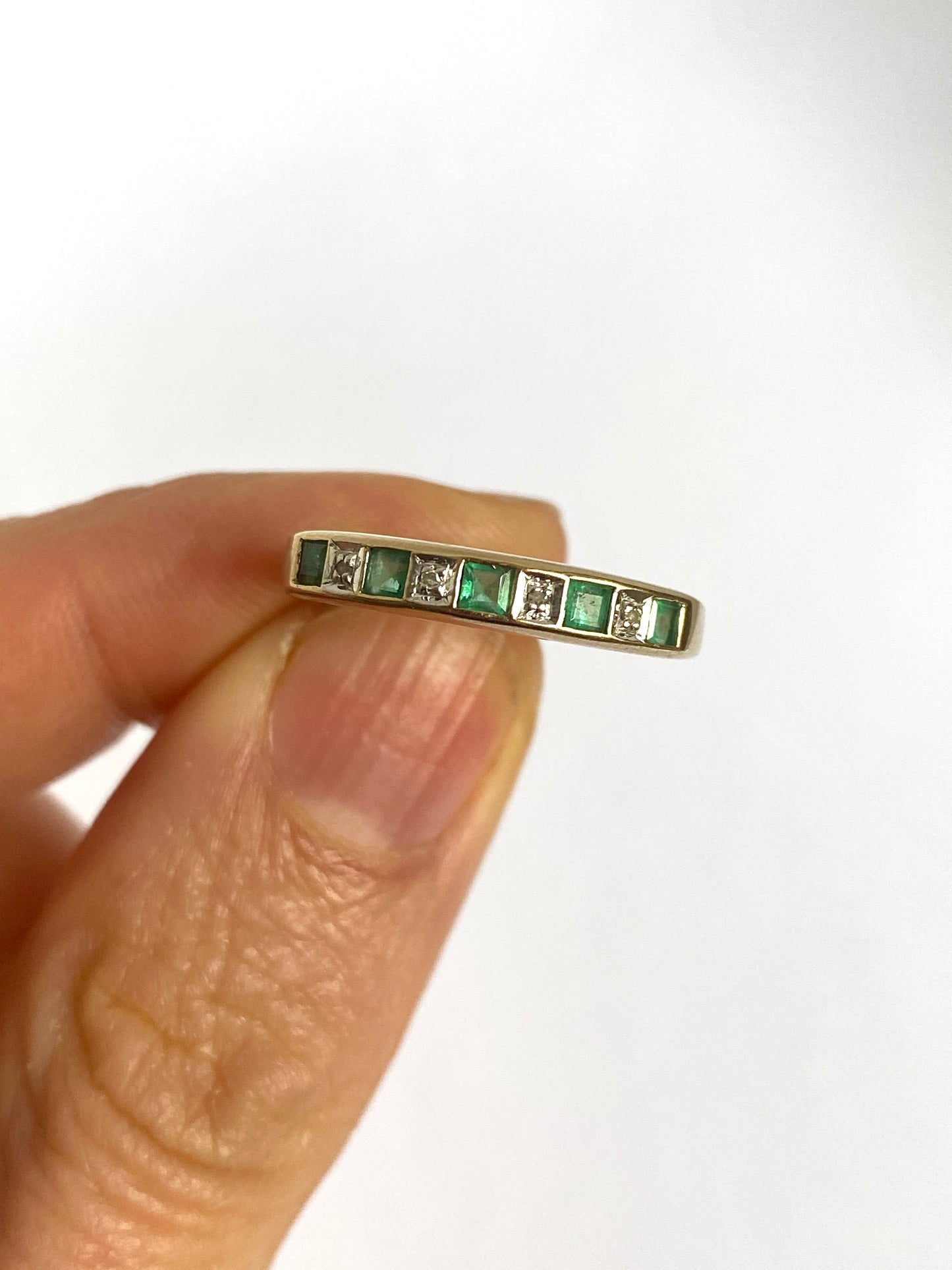 Vintage, 9ct Gold Diamond and Emerald Half Eternity Ring