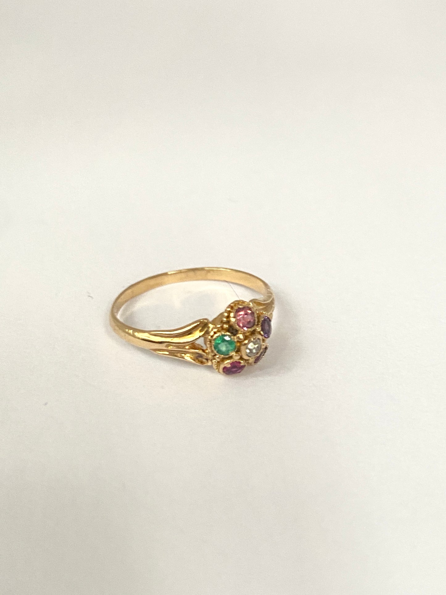 Small 15ct Gold, Antique Victorian 'Regard' Acrostic, Multigem Flower Ring (Size 4 / H 1/2)