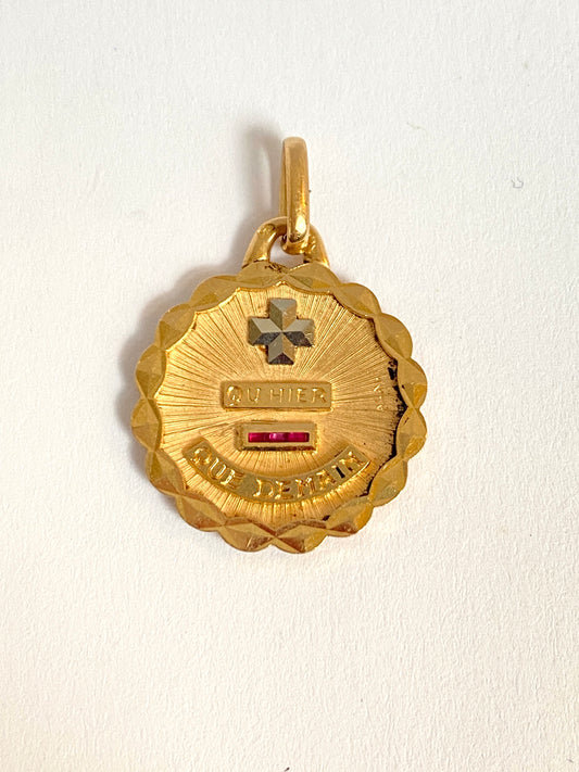 Vintage, 18ct Gold, Ruby French Augis Love Pendant, 'Qu'hier - Que demain'