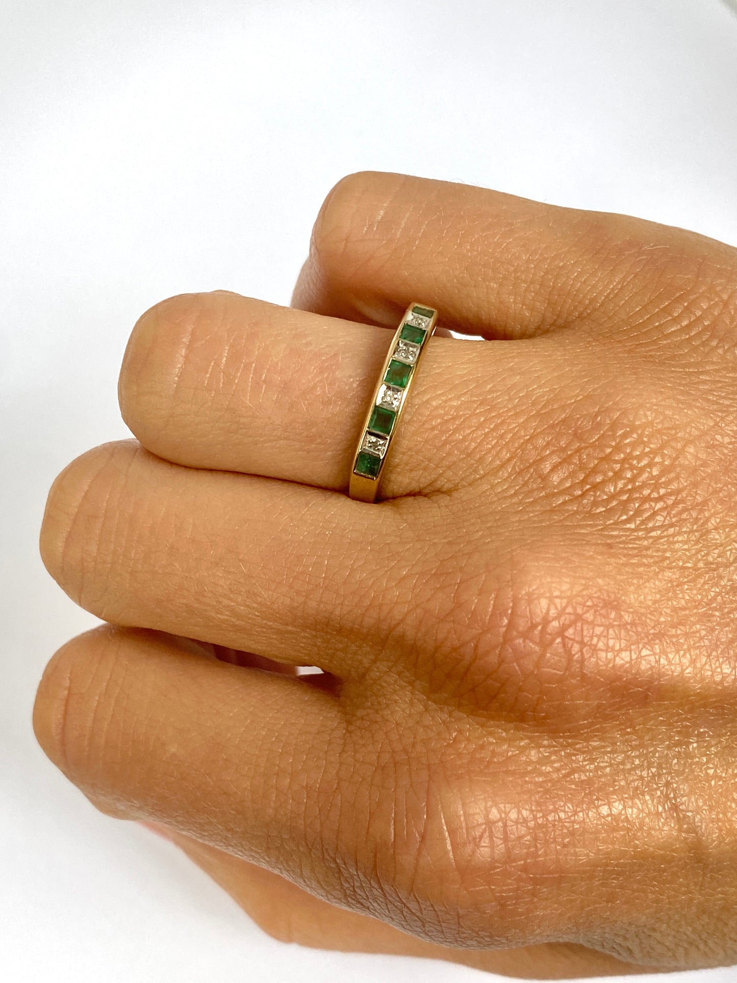 Vintage, 9ct Gold Diamond and Emerald Half Eternity Ring