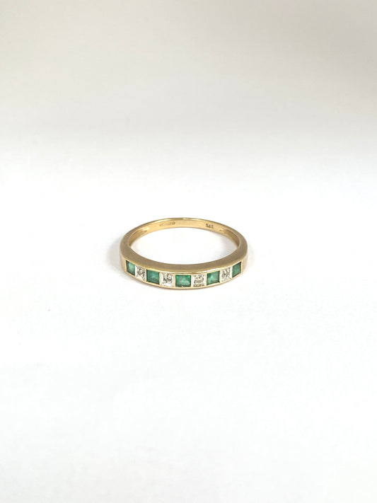 Vintage, 9ct Gold Diamond and Emerald Half Eternity Ring