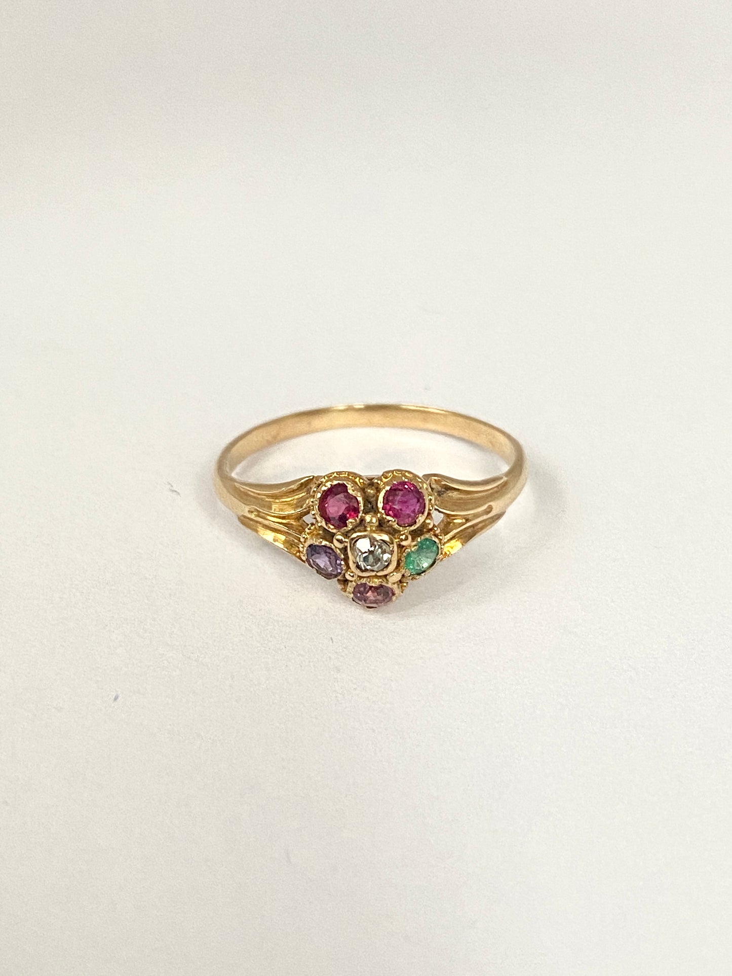 Small 15ct Gold, Antique Victorian 'Regard' Acrostic, Multigem Flower Ring (Size 4 / H 1/2)