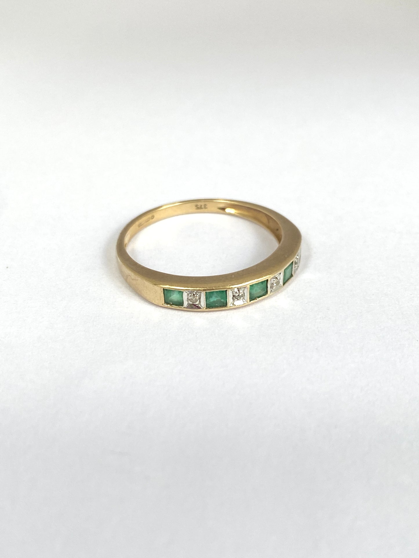 Vintage, 9ct Gold Diamond and Emerald Half Eternity Ring