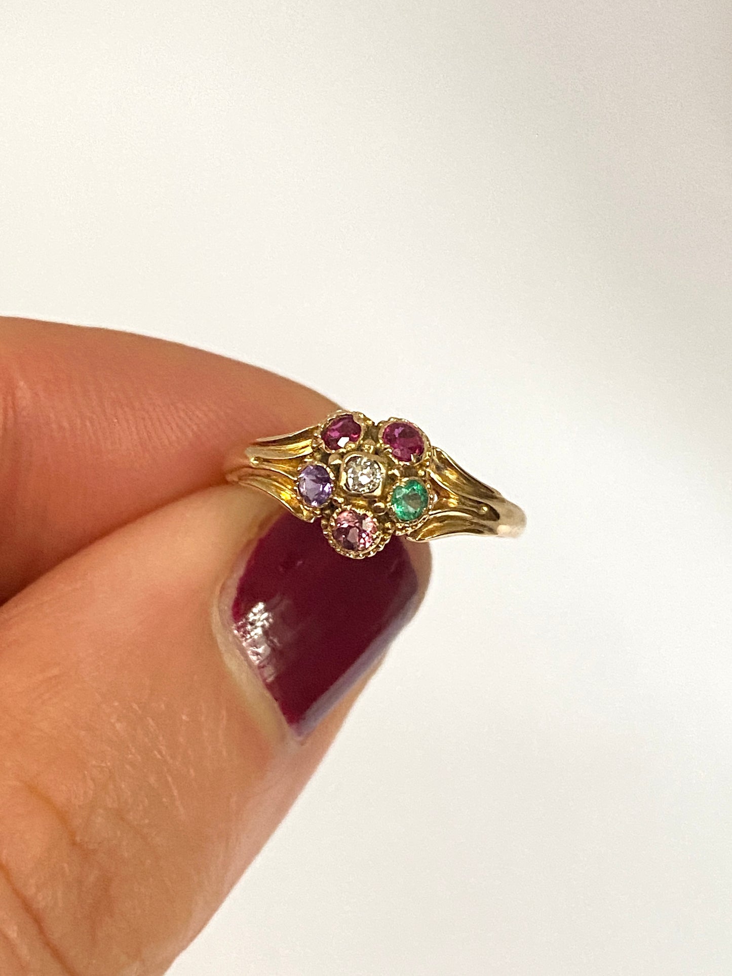 Small 15ct Gold, Antique Victorian 'Regard' Acrostic, Multigem Flower Ring (Size 4 / H 1/2)