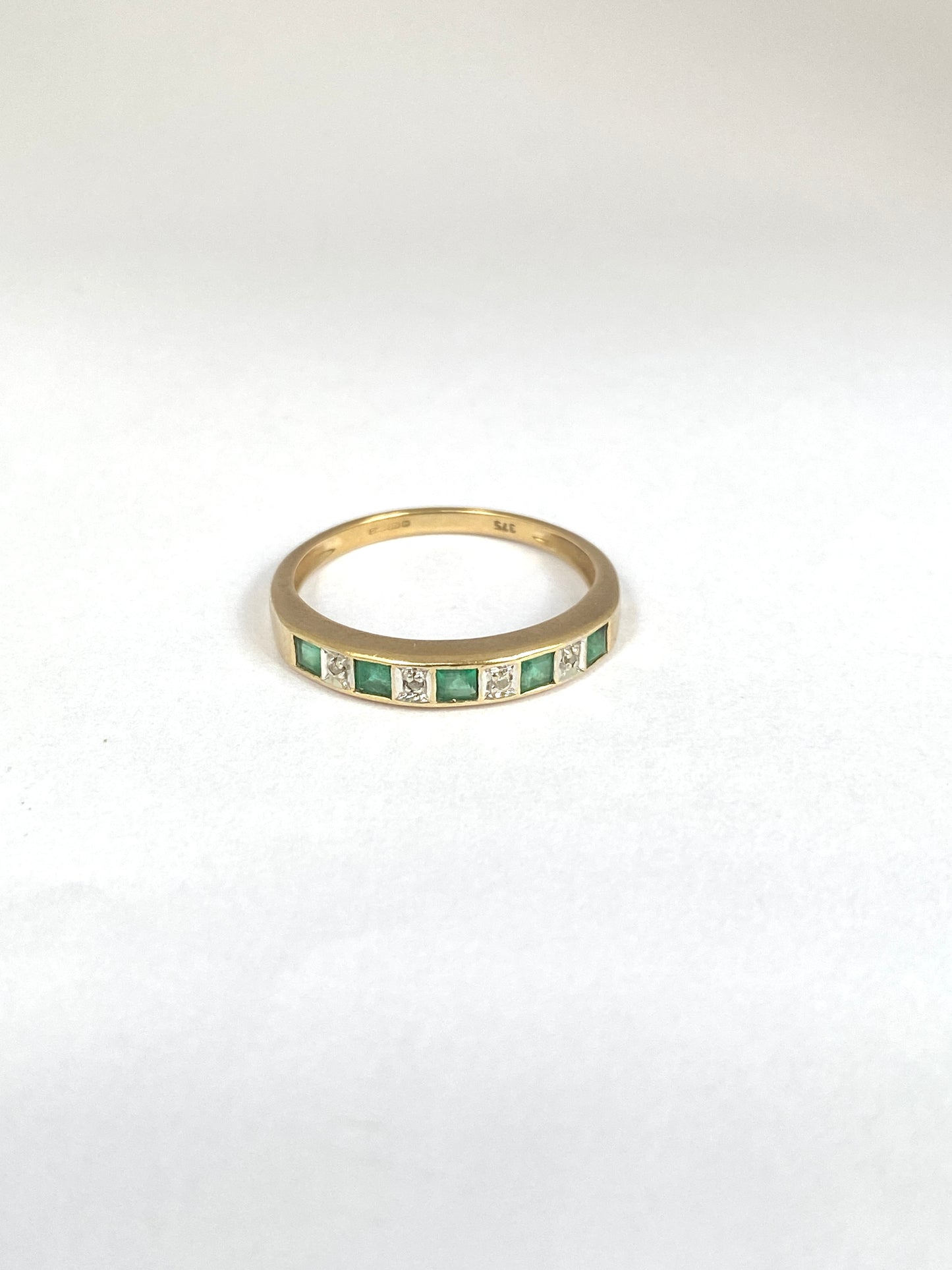 Vintage, 9ct Gold Diamond and Emerald Half Eternity Ring