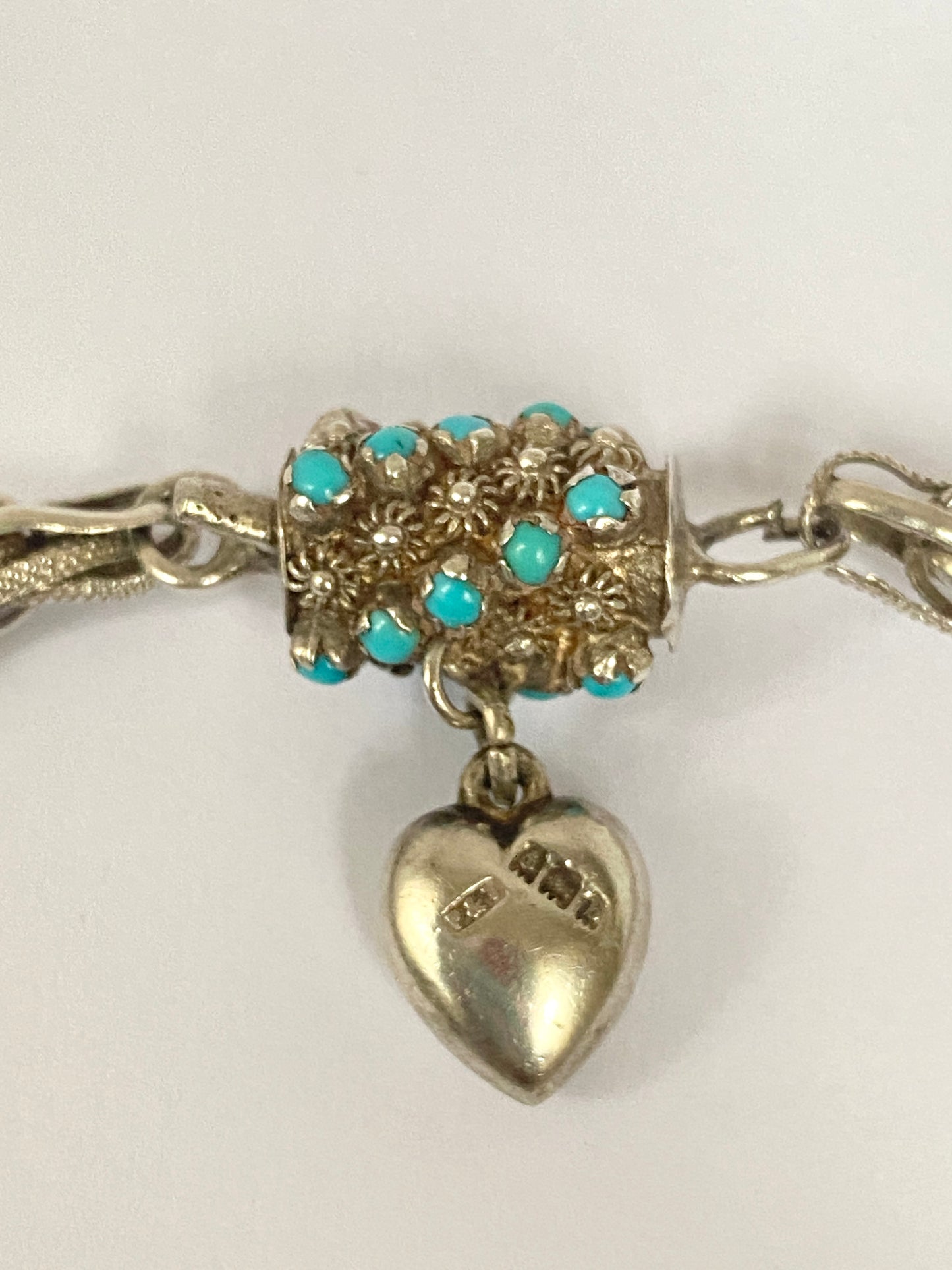 Antique, Victorian Solid Silver Fancy Link bracelet with Turquoise and Heart Clasp