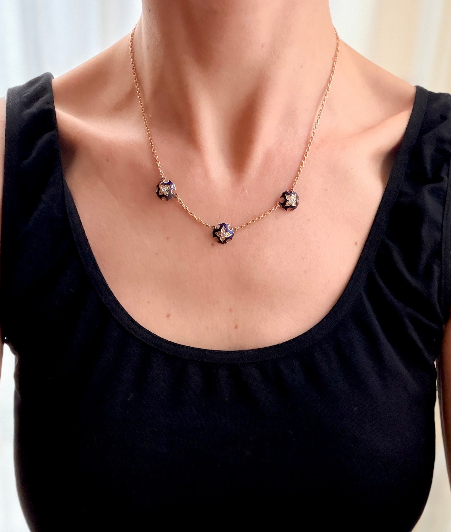 18ct Gold, Victorian Blue Enamel Star Diamond Necklace, 9g