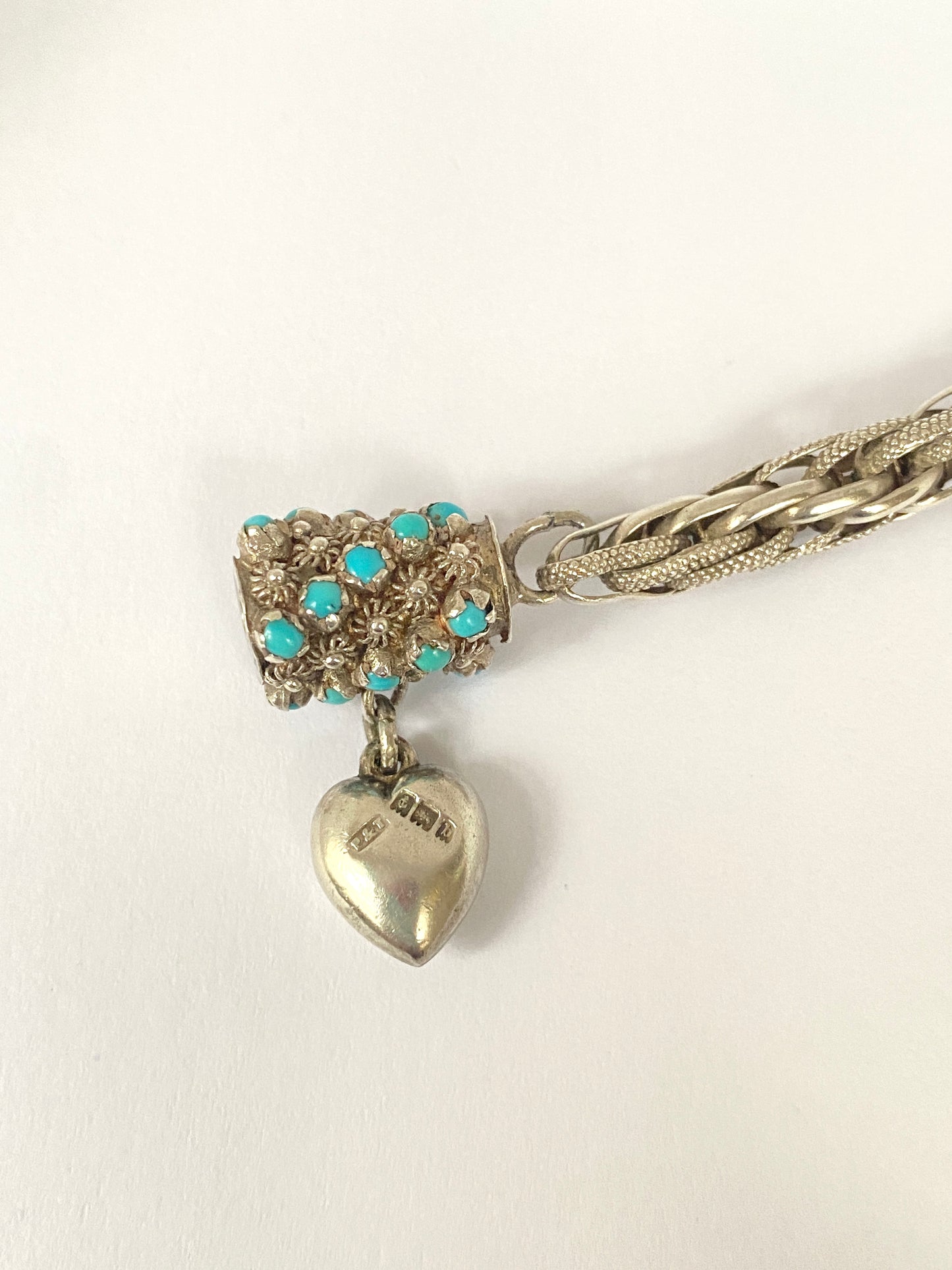 Antique, Victorian Solid Silver Fancy Link bracelet with Turquoise and Heart Clasp