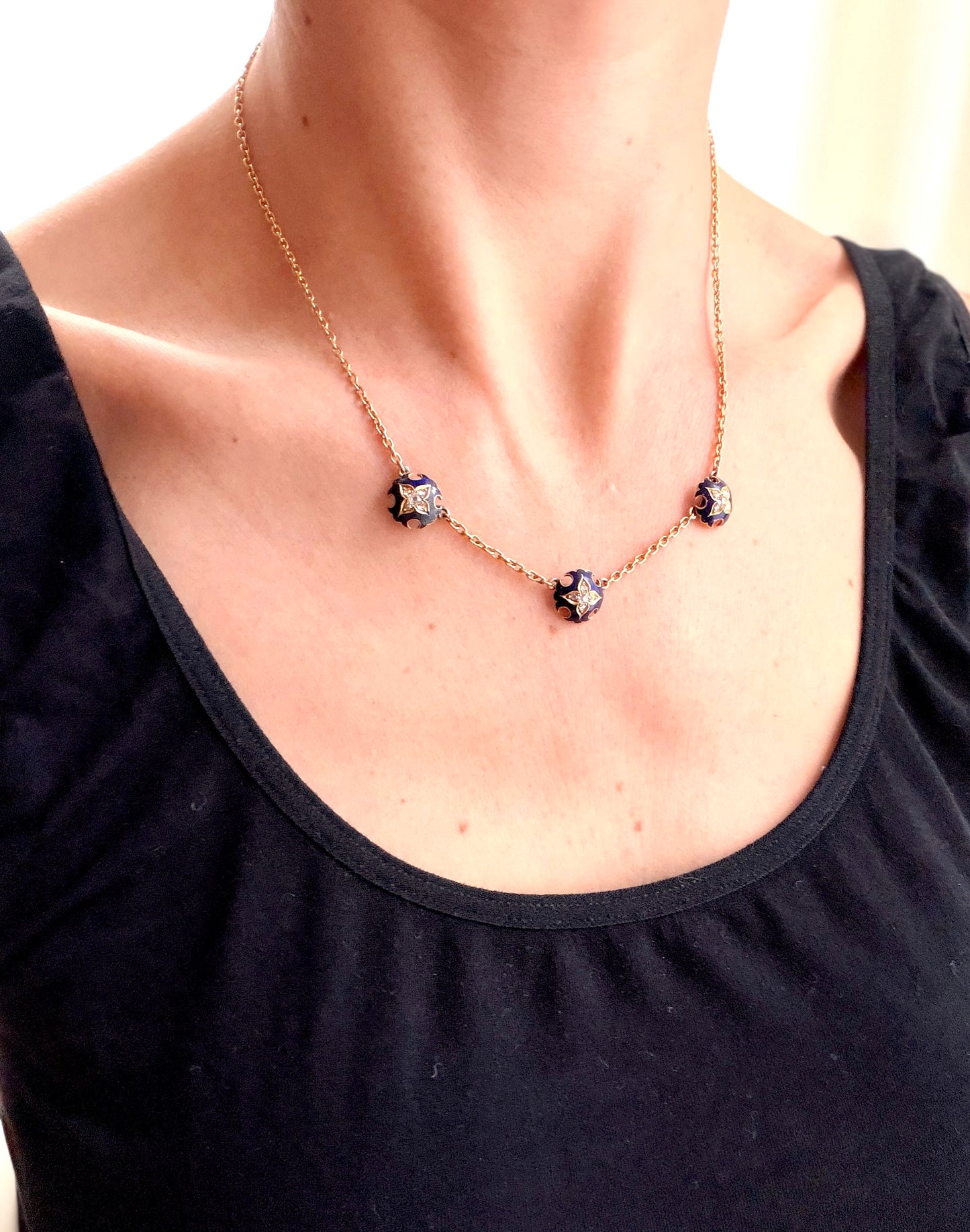 18ct Gold, Victorian Blue Enamel Star Diamond Necklace, 9g