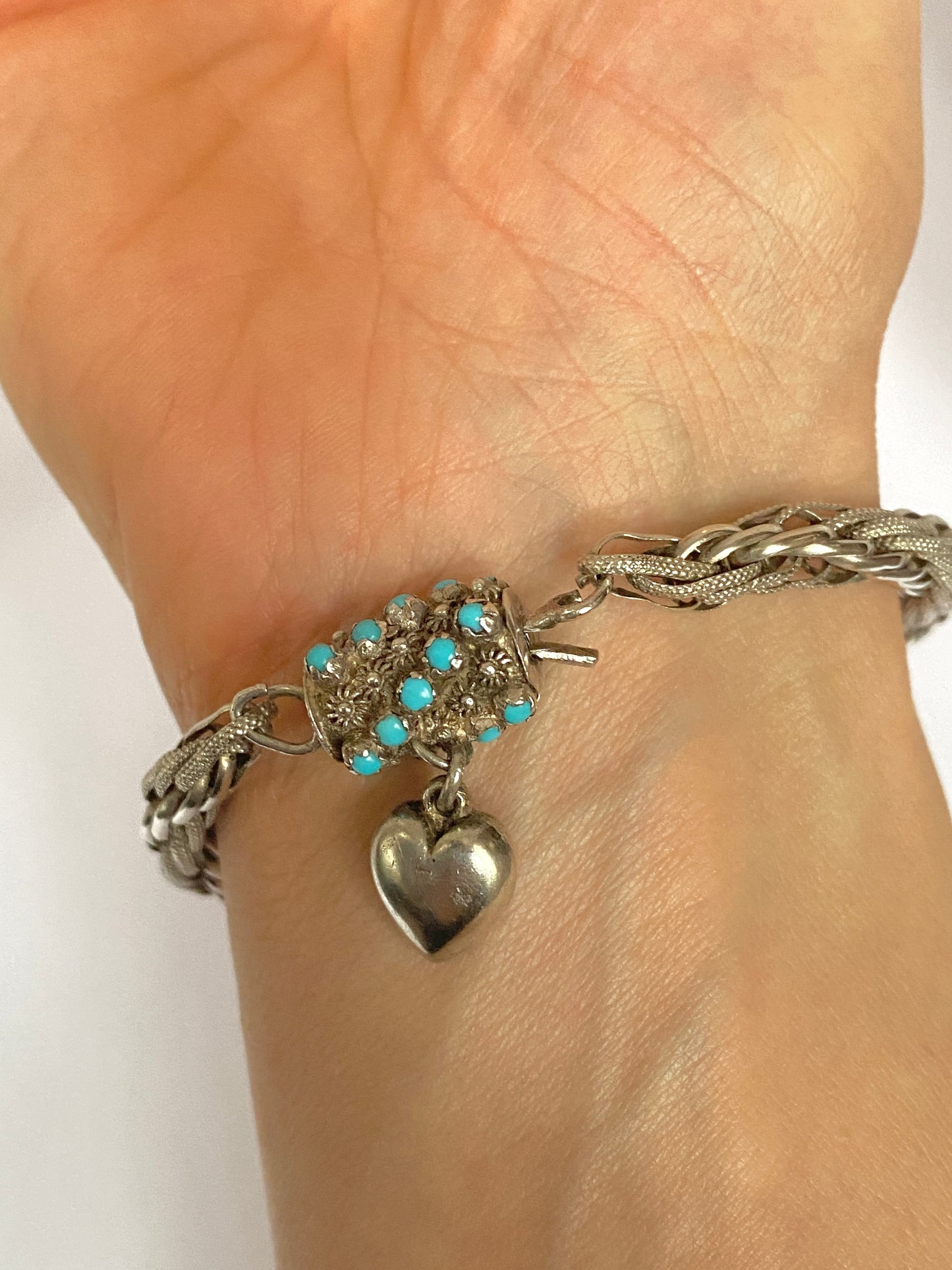 Antique, Victorian Solid Silver Fancy Link bracelet with Turquoise and Heart Clasp