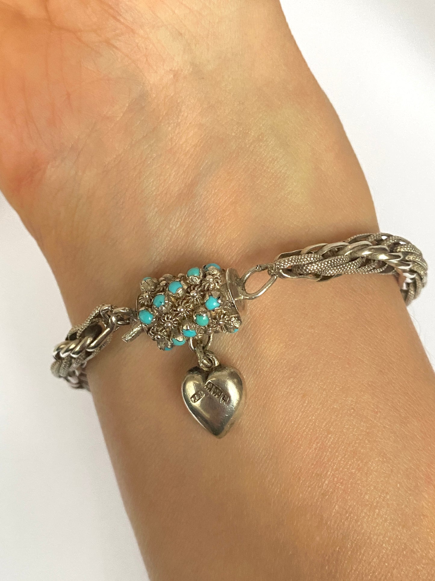 Antique, Victorian Solid Silver Fancy Link bracelet with Turquoise and Heart Clasp