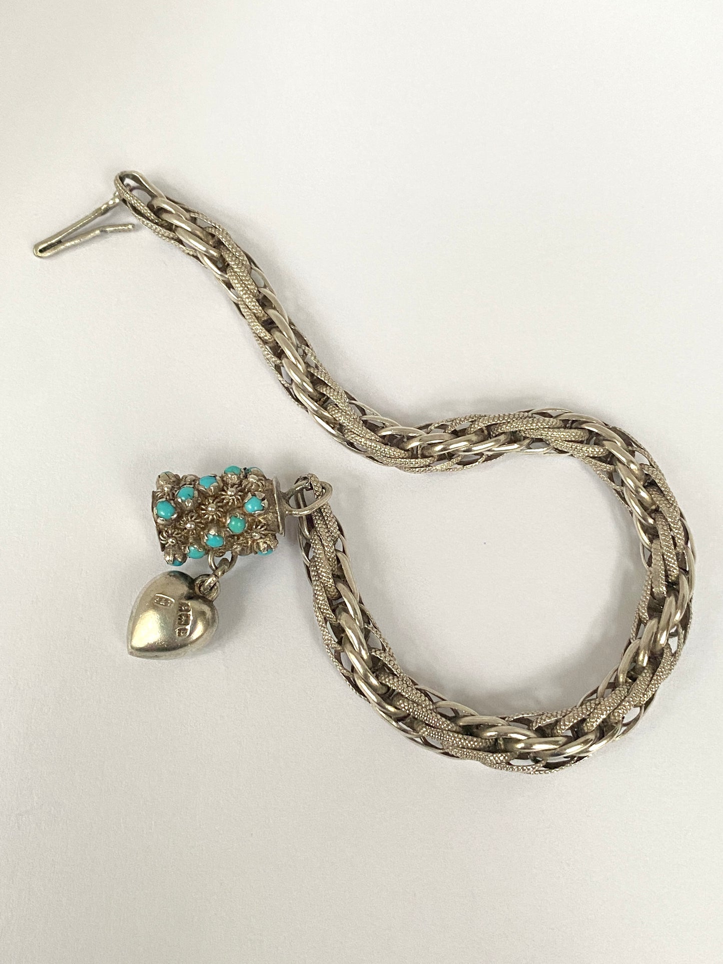 Antique, Victorian Solid Silver Fancy Link bracelet with Turquoise and Heart Clasp