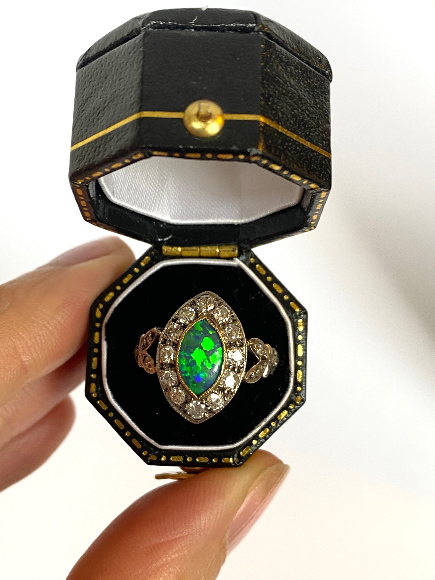 Vintage, Art Deco 18ct Gold and Platinum Opal Doublet and Diamond Cluster Ring (circa 1940s)