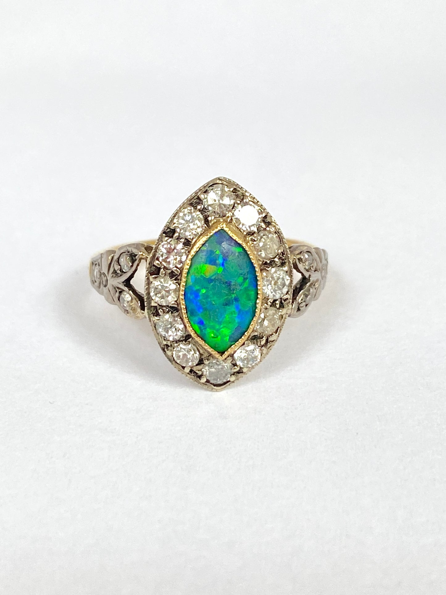 Vintage, Art Deco 18ct Gold and Platinum Opal Doublet and Diamond Cluster Ring (circa 1940s)