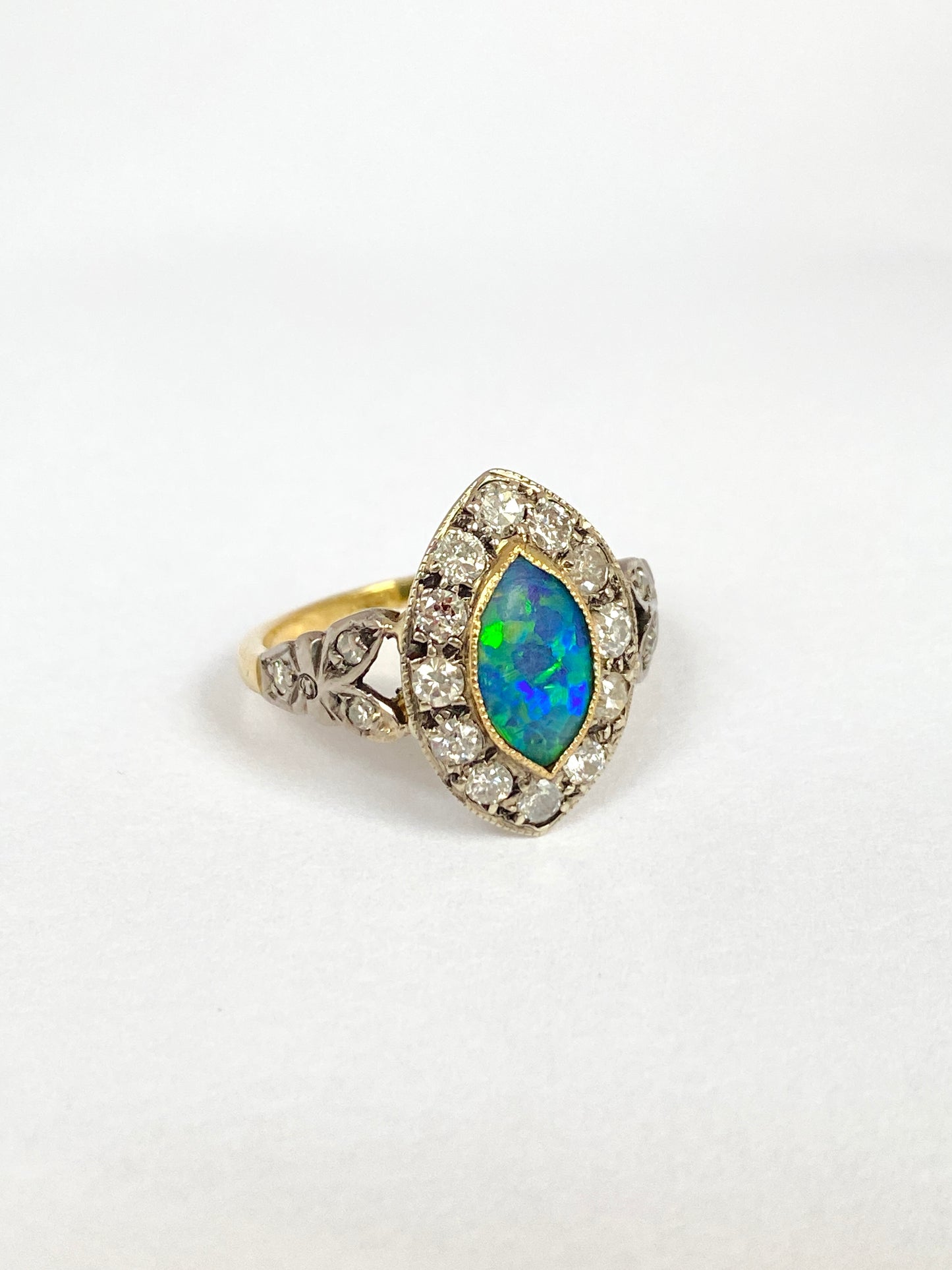 Vintage, Art Deco 18ct Gold and Platinum Opal Doublet and Diamond Cluster Ring (circa 1940s)