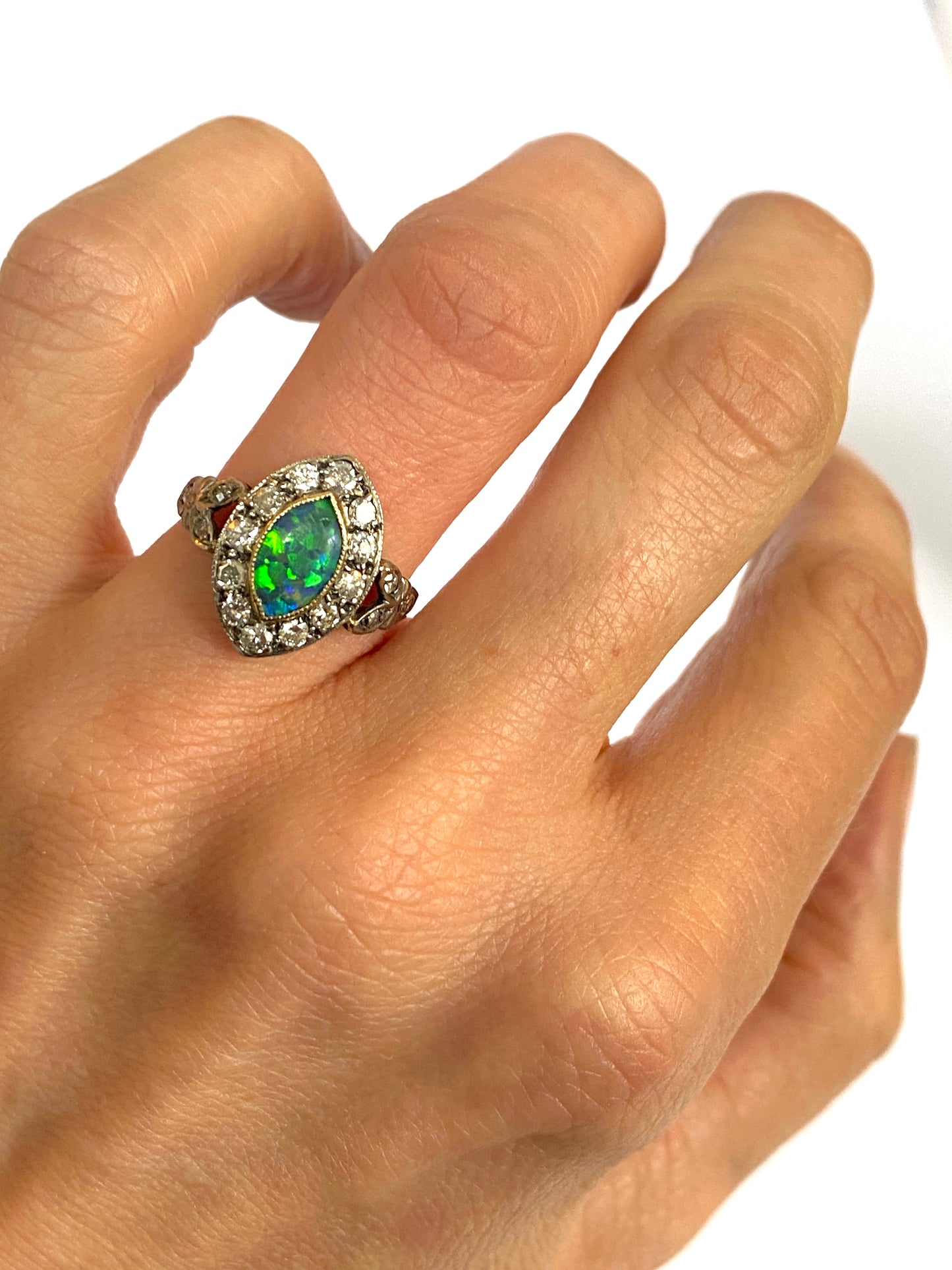 Vintage, Art Deco 18ct Gold and Platinum Opal Doublet and Diamond Cluster Ring (circa 1940s)