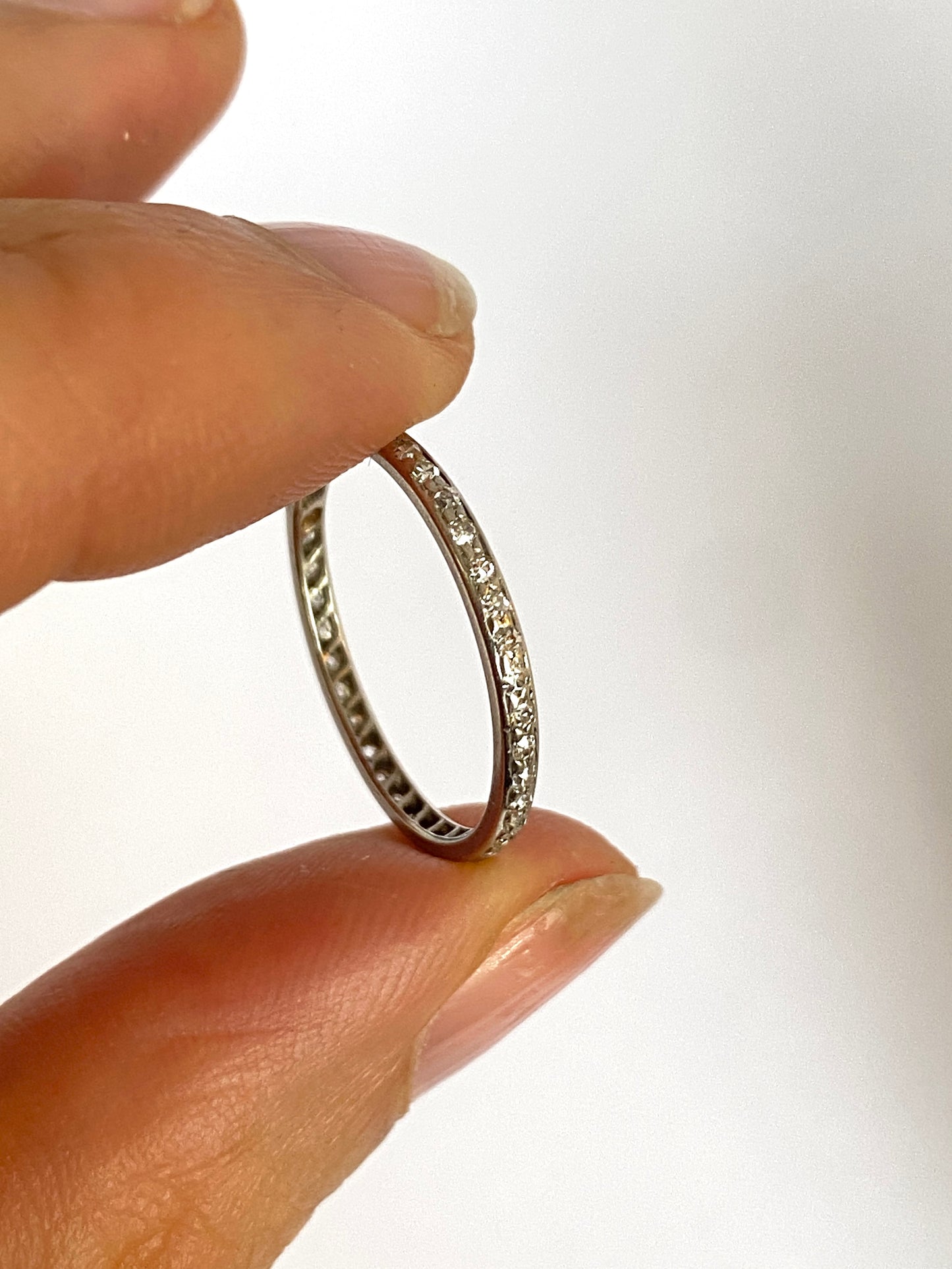 Vintage, Skinny, Art Deco, Platinum Diamond Eternity Ring with 25 Diamonds