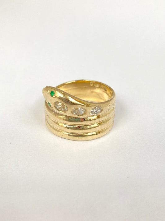 Vintage 9ct Gold Diamond Snake Ring with Emerald eyes, Chester 1906