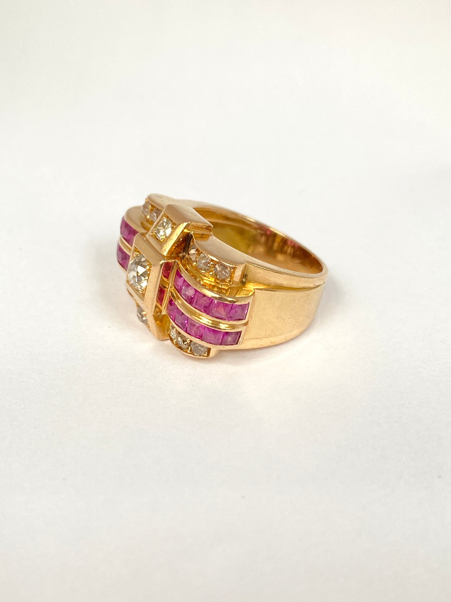Art Deco, French, Ruby, and Diamond Tank Ring, Hallmarked 18ct Gold, 11.26g