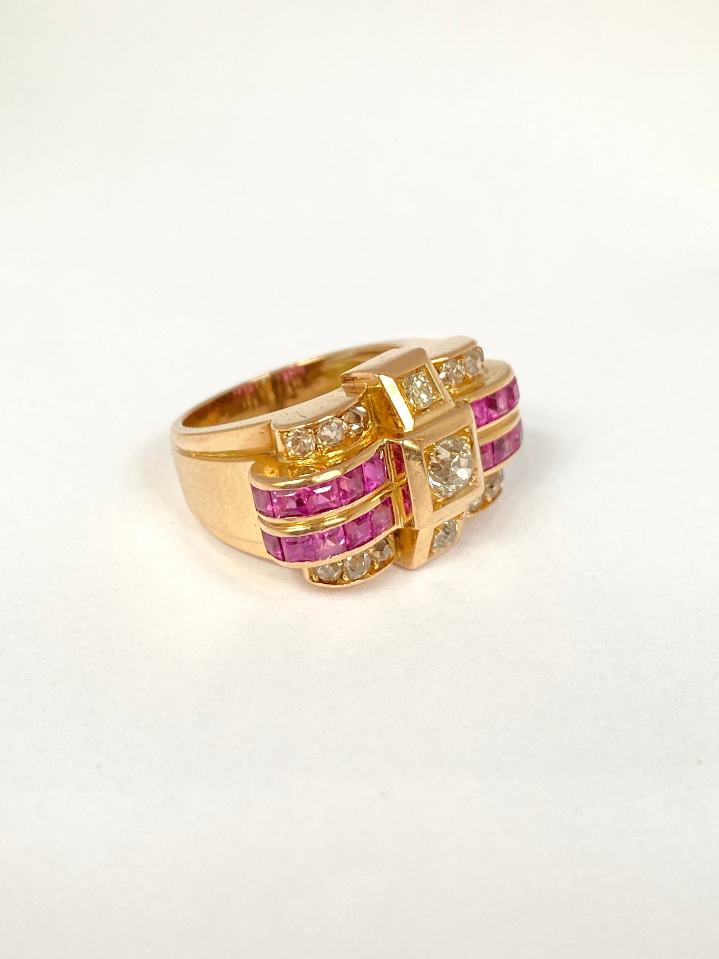Art Deco, French, Ruby, and Diamond Tank Ring, Hallmarked 18ct Gold, 11.26g