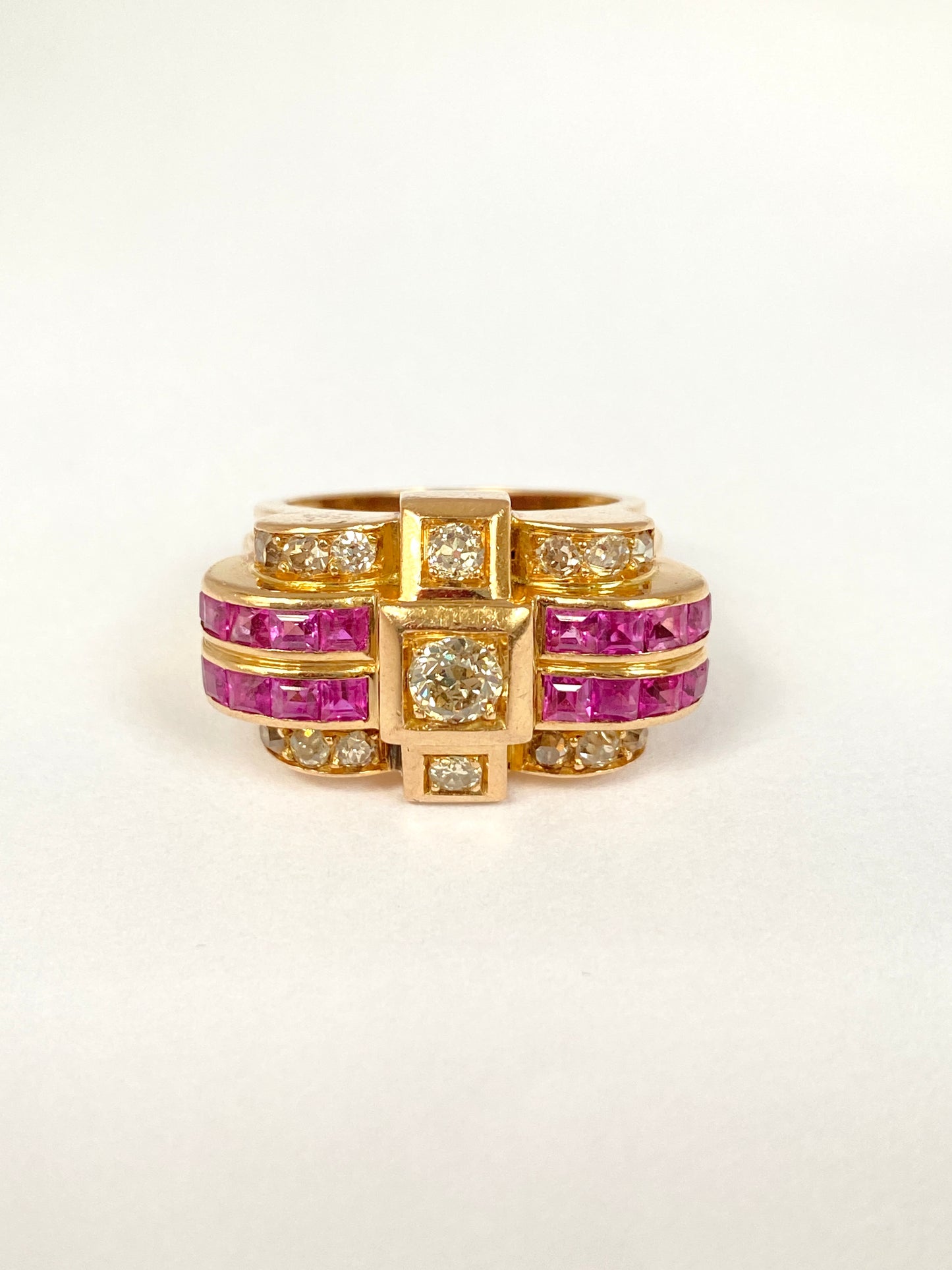 Art Deco, French, Ruby, and Diamond Tank Ring, Hallmarked 18ct Gold, 11.26g