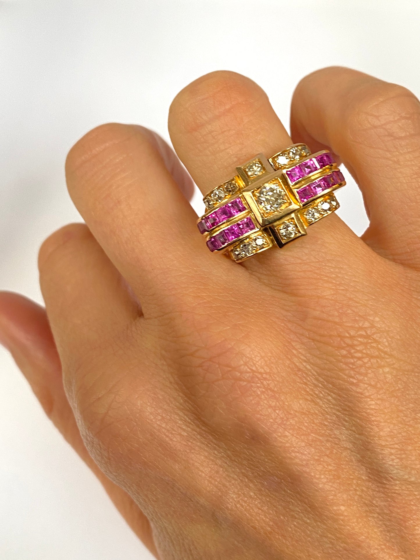 Art Deco, French, Ruby, and Diamond Tank Ring, Hallmarked 18ct Gold, 11.26g