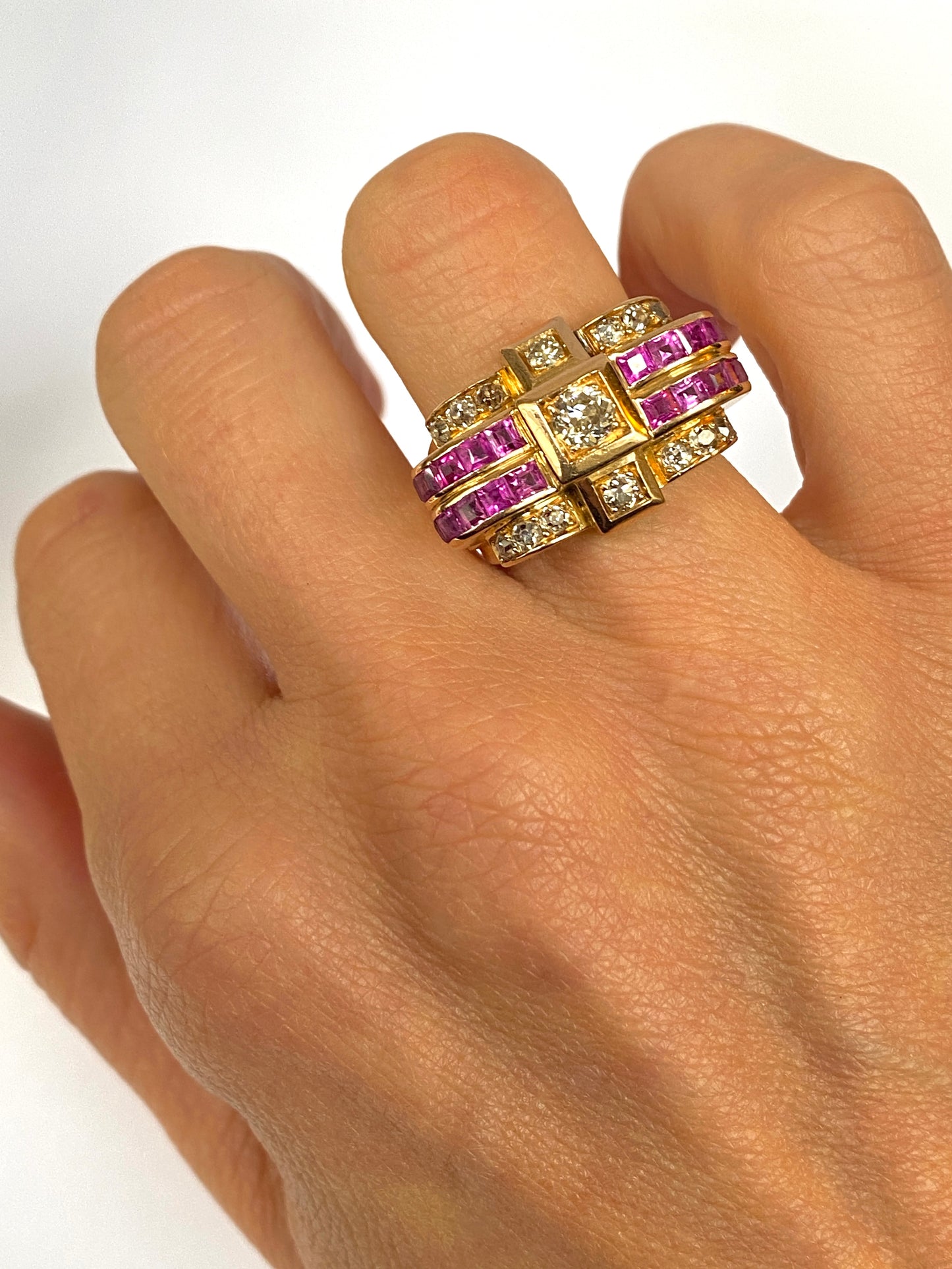 Art Deco, French, Ruby, and Diamond Tank Ring, Hallmarked 18ct Gold, 11.26g