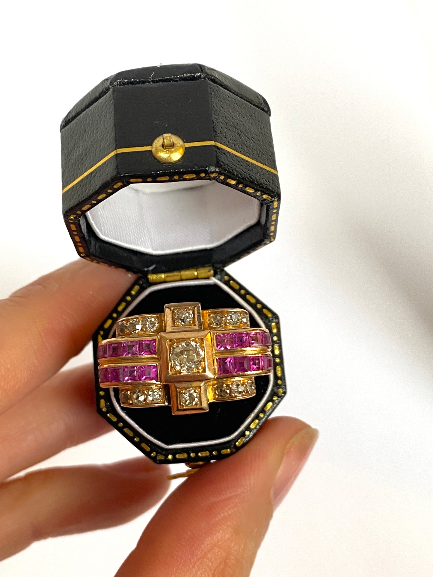 Art Deco, French, Ruby, and Diamond Tank Ring, Hallmarked 18ct Gold, 11.26g