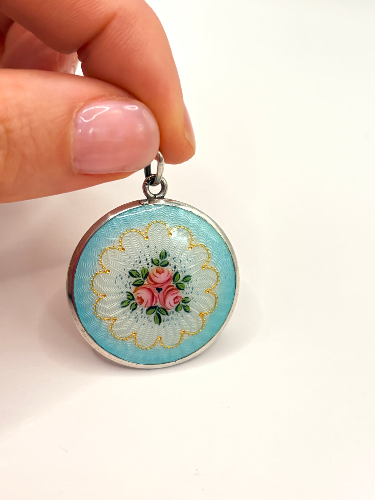 Art Nouveau Sterling Silver & Guilloche Enamel Pendant , 7.22g
