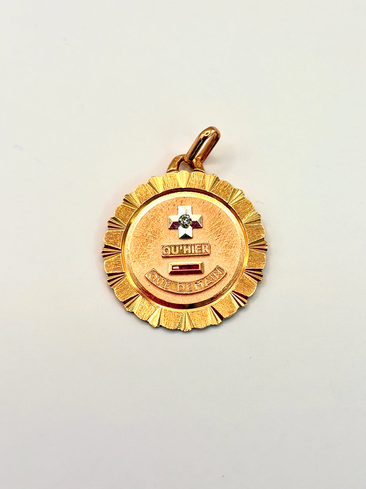 Large Vintage, 18ct Gold, Ruby French Augis Love Pendant, 'Qu'hier - Que demain'