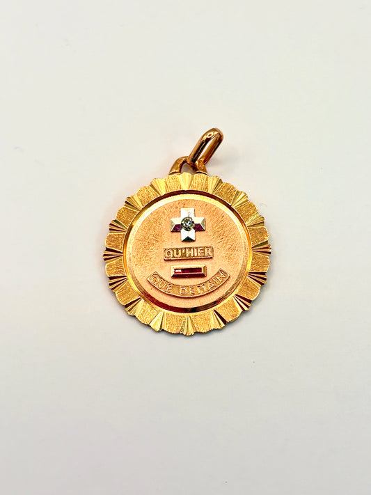 Large Vintage, 18ct Gold, Ruby French Augis Love Pendant, 'Qu'hier - Que demain'