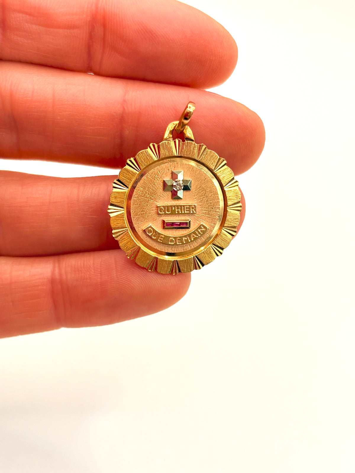 Large Vintage, 18ct Gold, Ruby French Augis Love Pendant, 'Qu'hier - Que demain'