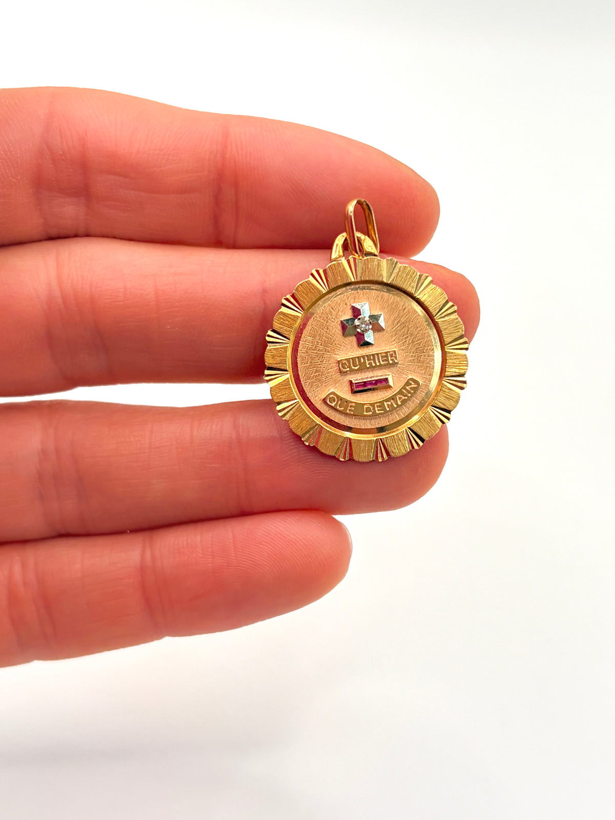 Large Vintage, 18ct Gold, Ruby French Augis Love Pendant, 'Qu'hier - Que demain'