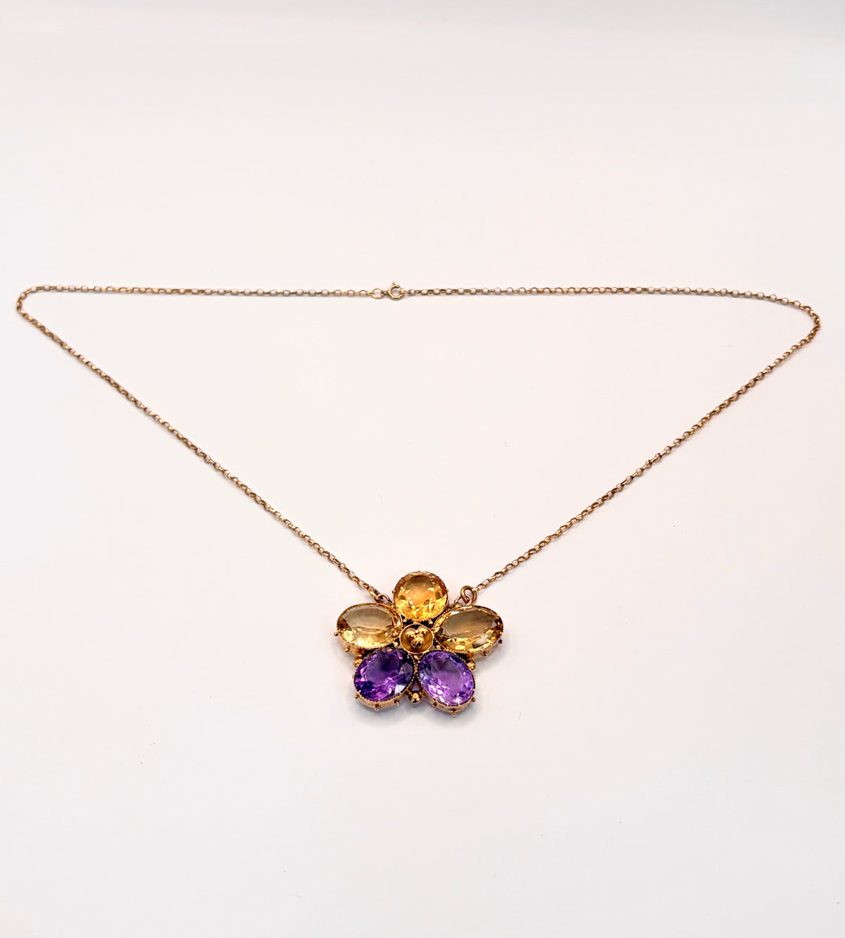 Vintage, Amethyst and Citrine, 15ct Gold Pansy ('Think of me') Necklace