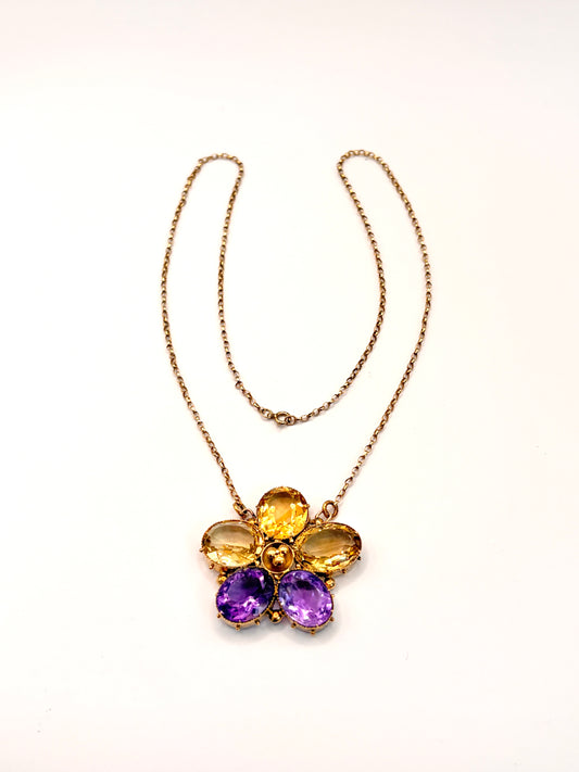 Vintage, Amethyst and Citrine, 15ct Gold Pansy ('Think of me') Necklace