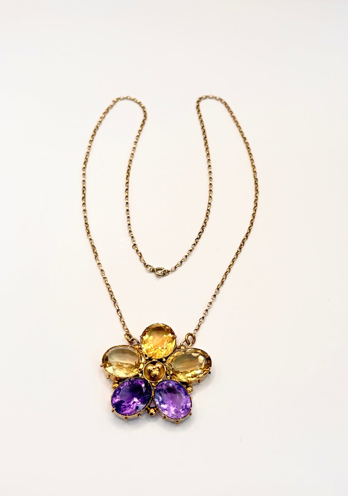 Vintage, Amethyst and Citrine, 15ct Gold Pansy ('Think of me') Necklace
