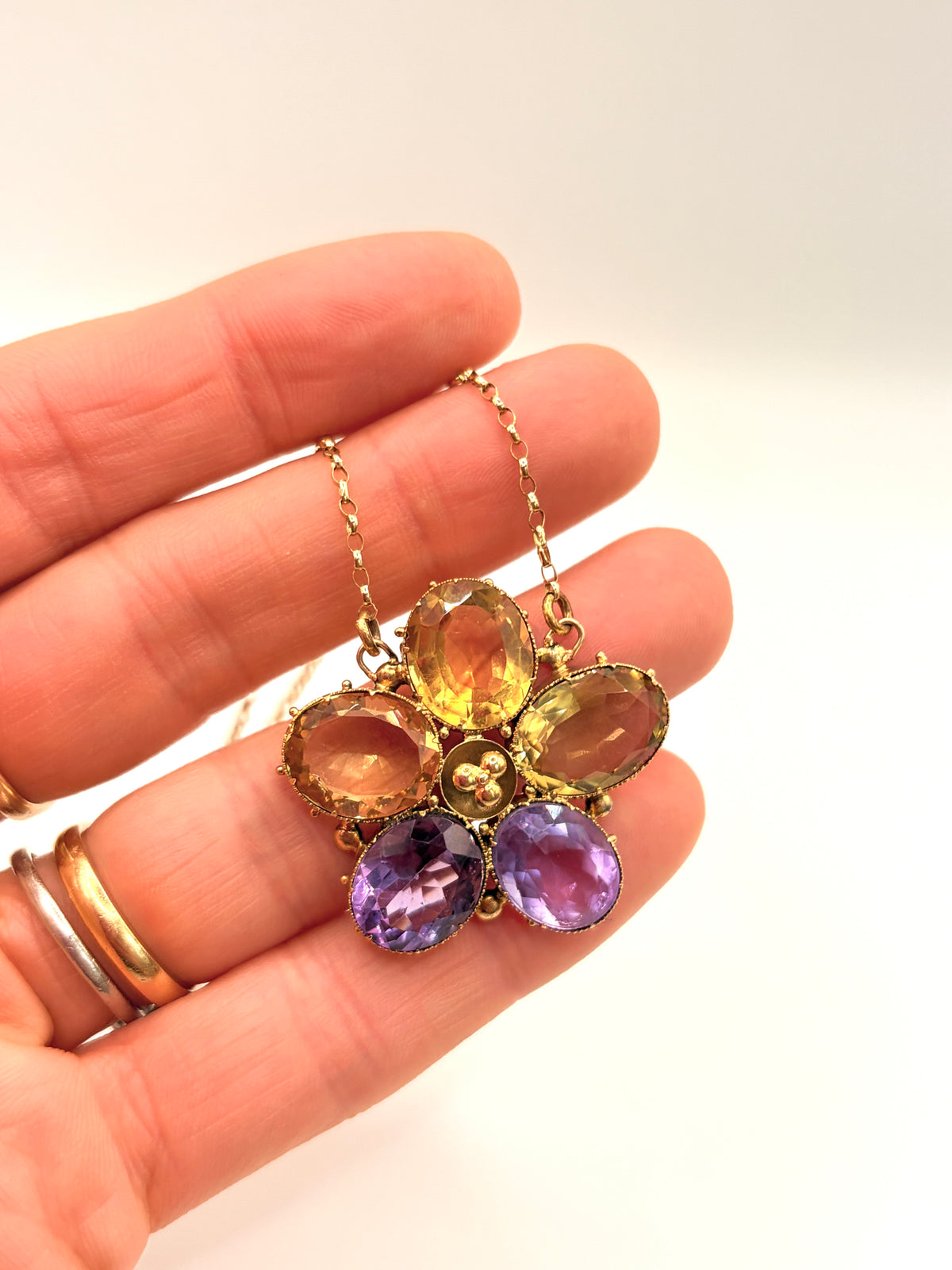 Vintage, Amethyst and Citrine, 15ct Gold Pansy ('Think of me') Necklace