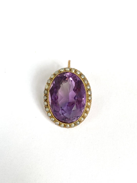 Large, Antique, Victorian 15ct Gold, Amethyst and Seed Pearl Cluster Pendant