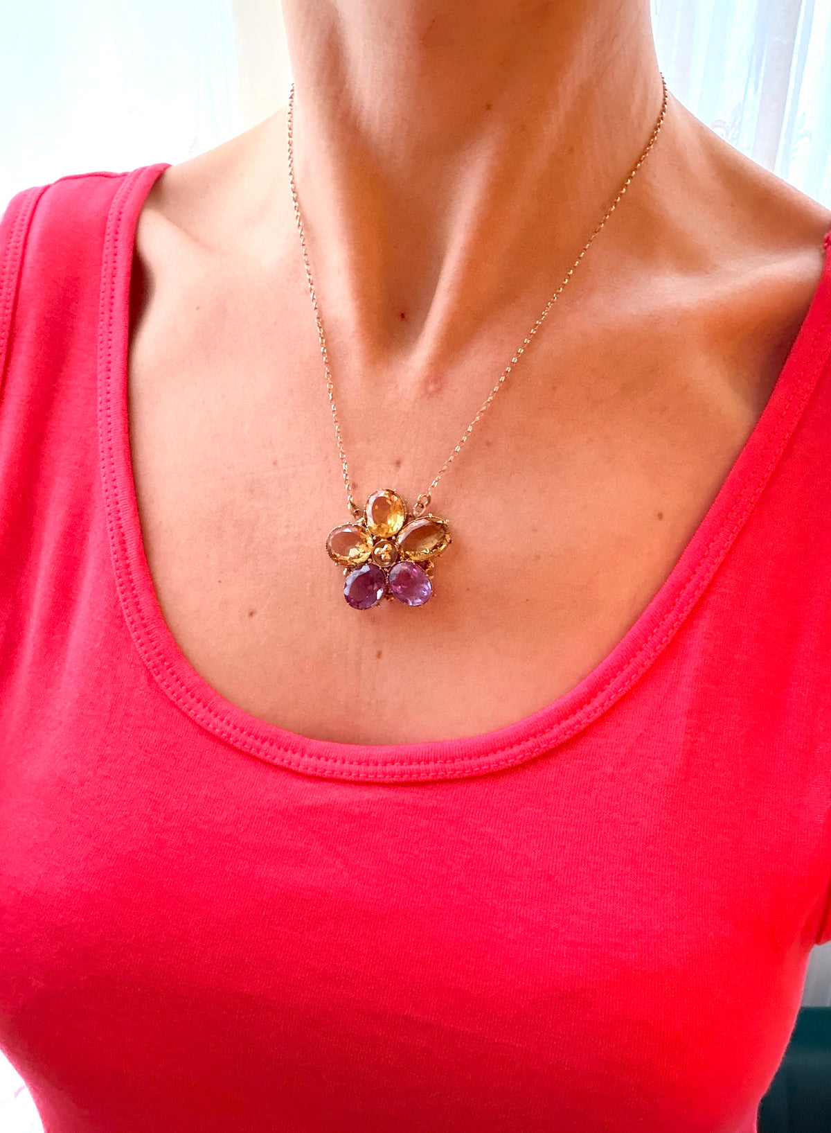 Vintage, Amethyst and Citrine, 15ct Gold Pansy ('Think of me') Necklace