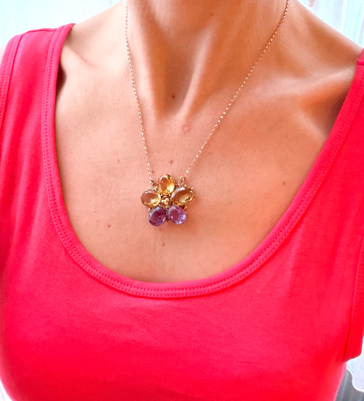 Vintage, Amethyst and Citrine, 15ct Gold Pansy ('Think of me') Necklace