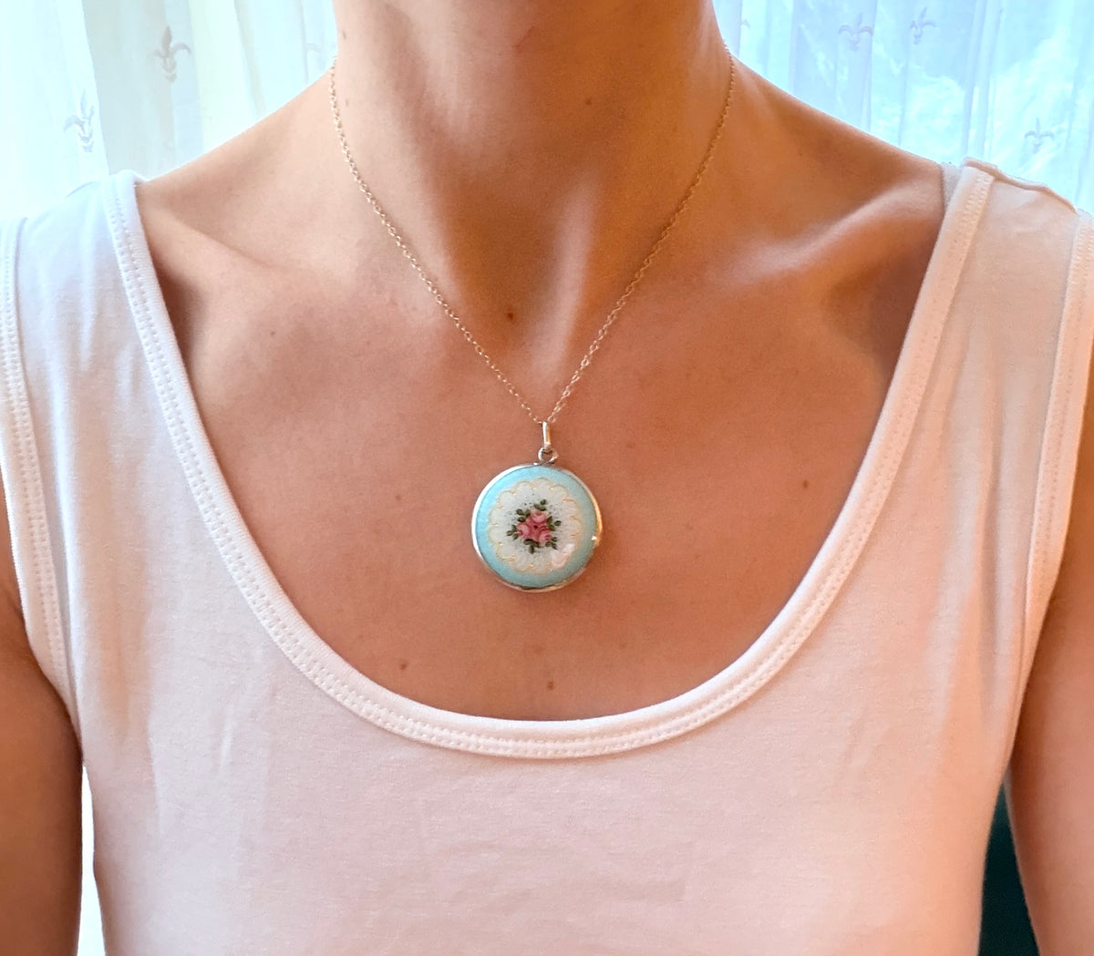 Art Nouveau Sterling Silver & Guilloche Enamel Pendant , 7.22g