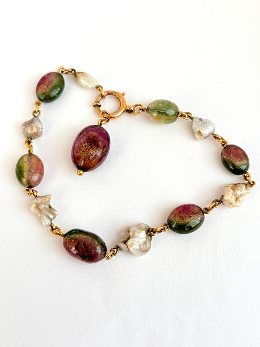Vintage, 1920s 15ct Gold, Watermelon Tourmaline and Pearl Bracelet, 15g