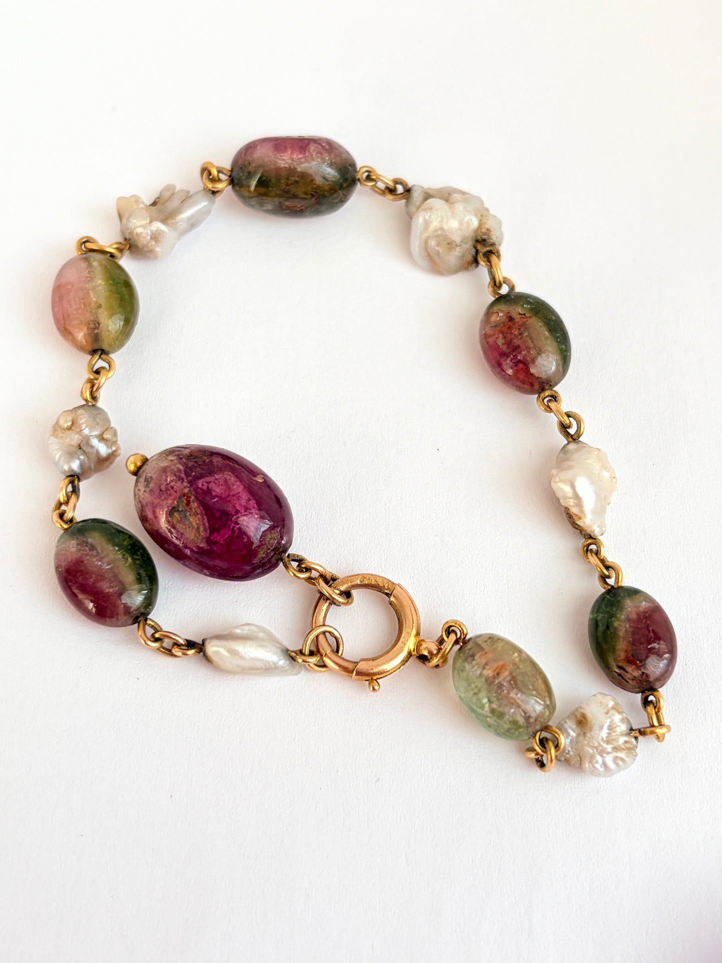 Vintage, 1920s 15ct Gold, Watermelon Tourmaline and Pearl Bracelet, 15g