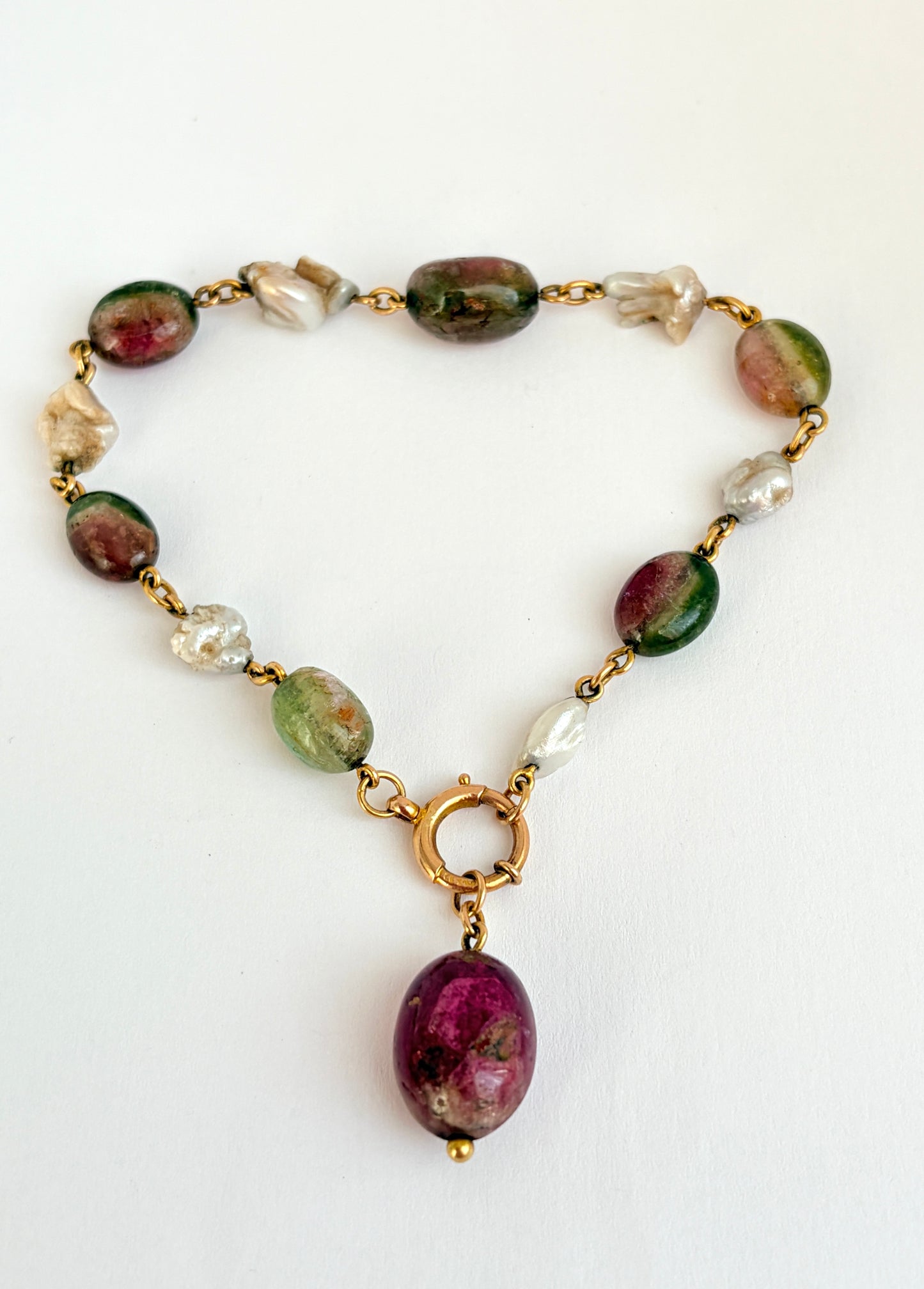 Vintage, 1920s 15ct Gold, Watermelon Tourmaline and Pearl Bracelet, 15g