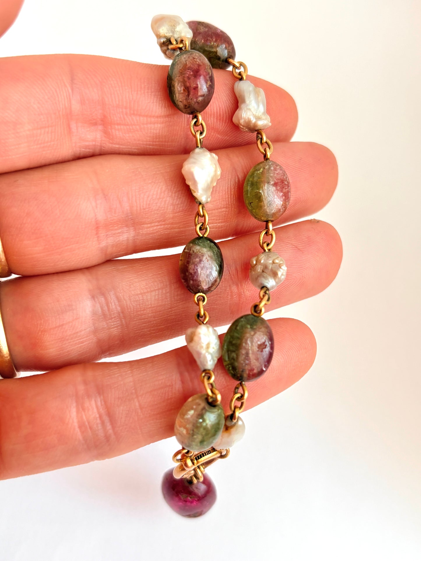 Vintage, 1920s 15ct Gold, Watermelon Tourmaline and Pearl Bracelet, 15g