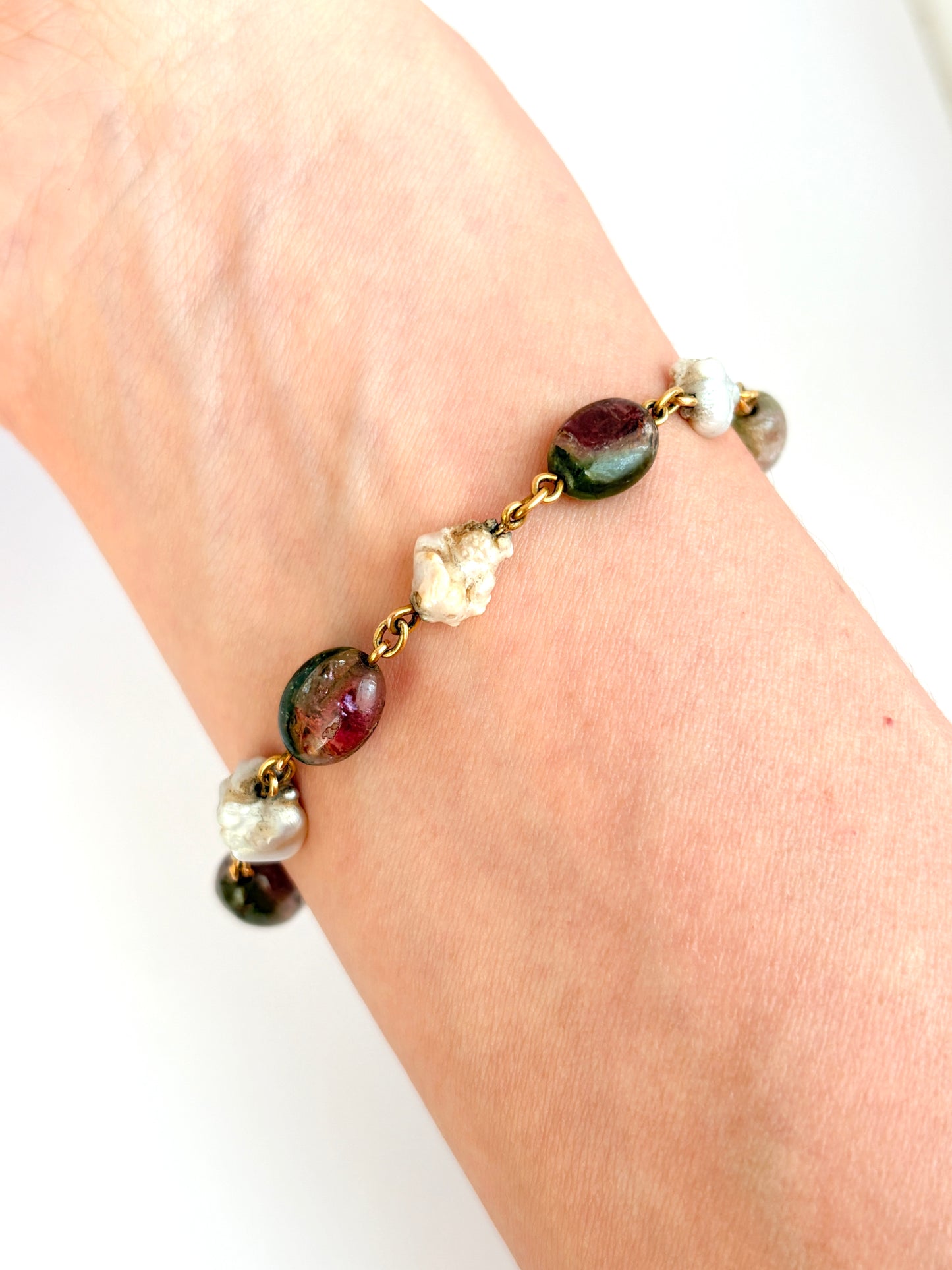 Vintage, 1920s 15ct Gold, Watermelon Tourmaline and Pearl Bracelet, 15g